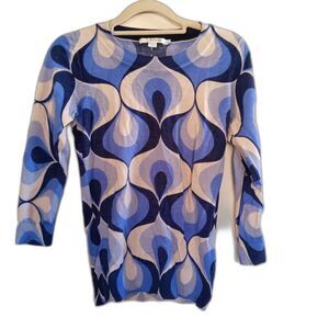 Boden Women's Blue Abstract Geometric Swirl Wool Sweater - 3/4 Sleeve - Size 2